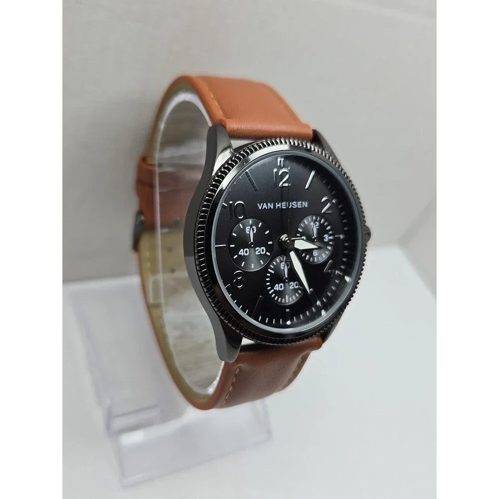 Van Heusen VAN5704RO Mens Black Multi Dial Leather Quartz Watch New Battery